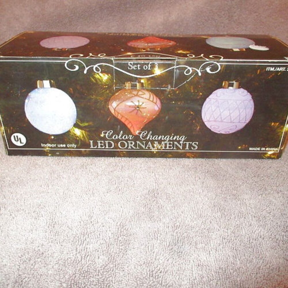 Color Changing Glass Ornaments Set Of 3 Iridescent Glitter Rhinestones 4" NOS